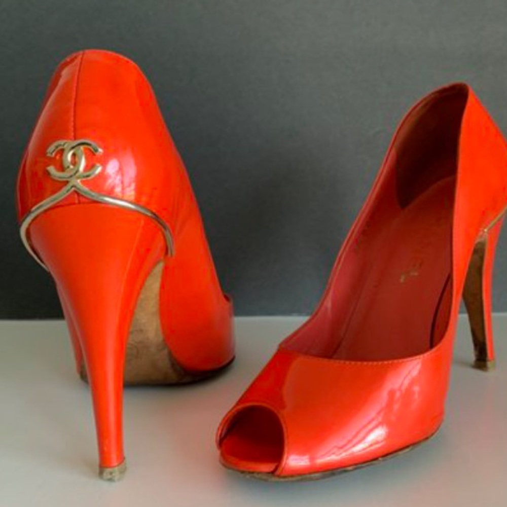 Chanel coral orange red peep-toe CC heels
